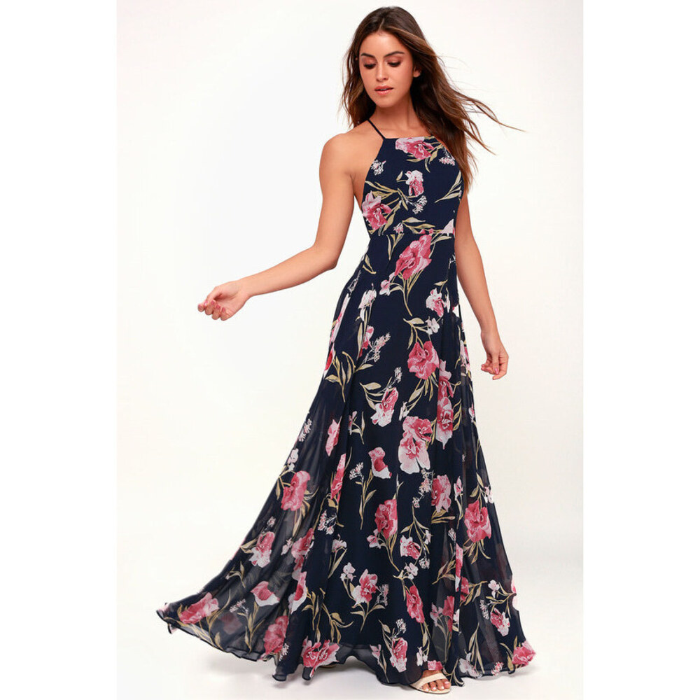 Lulus Aubree Navy Blue Floral Print Lace-up Maxi Dress - Size X-Small